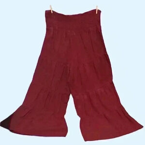 Boho Chic Wide Layered Ruffle Leg Pants With Elastic Waistband - Maroon